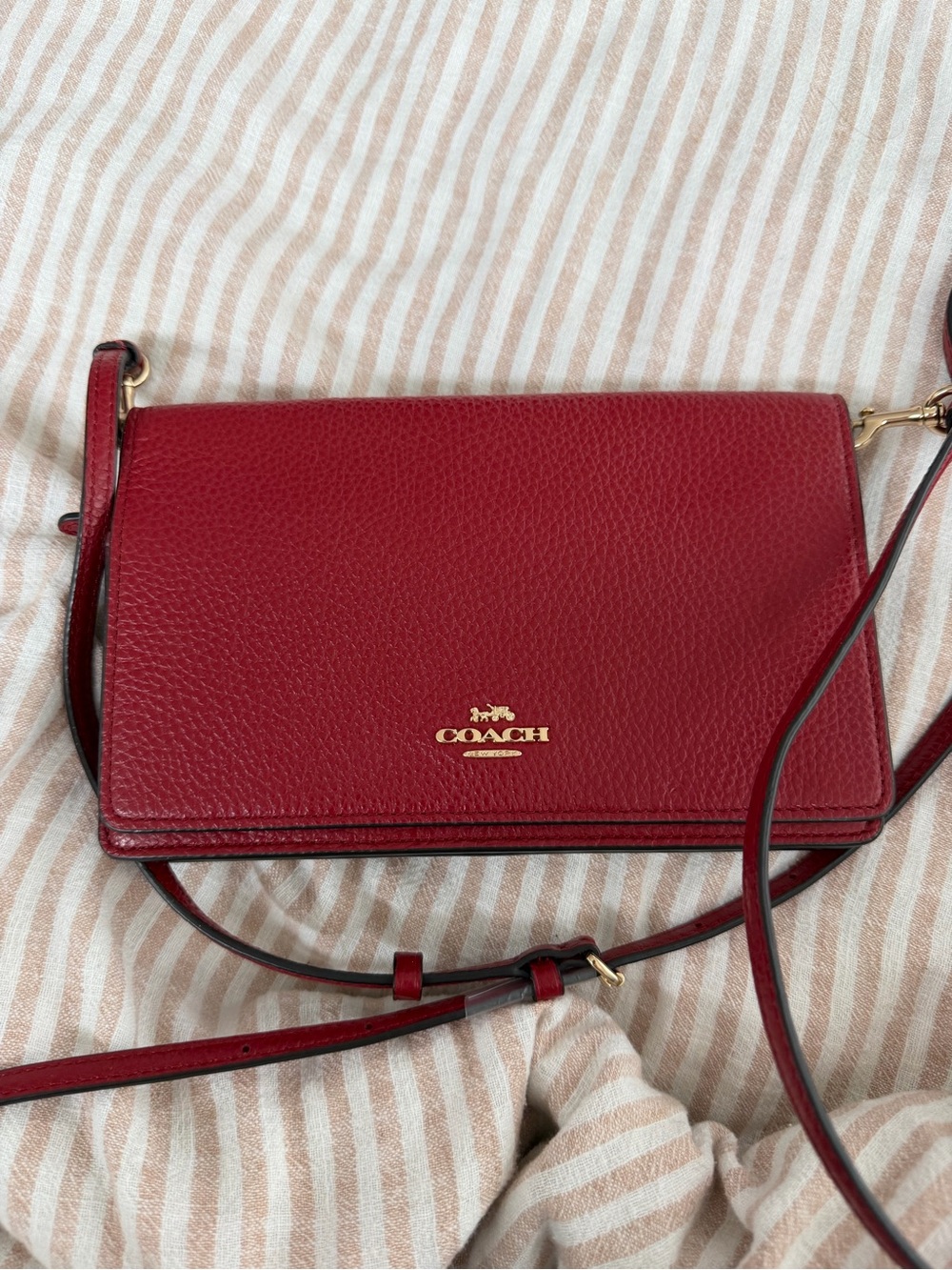 Coach Red Pebbled Leather Crossbody with Gold Logo